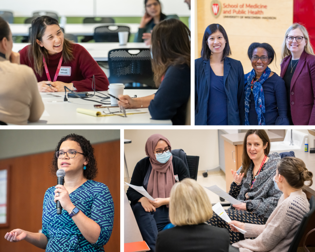 Above, clockwise from top-left: Allison Ishizaki, MPH, student affairs associate director; Inspirational Educator recipients Drs. Lin and Sharkey, with Rheumatology chief Christie Bartels, MD; Sam Strennen, graduate medical education program manager, Emily Ruedinger, MD, MEd, assistant professor, Department of Pediatrics, and Maryam Zamanian, MD, MSC, assistant clinical professor, Hospital Medicine, at one of the breakout sessions; Elizabeth Felton, MD, PhD, assistant professor, Department of Neurology, UW 