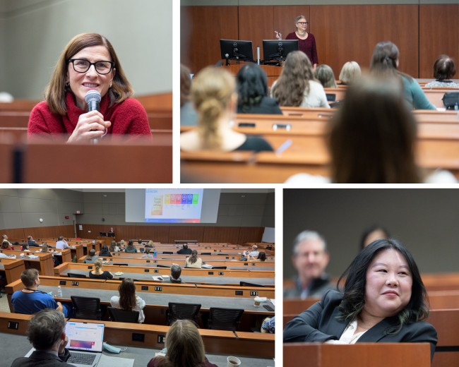 Above, clockwise from top-left: Christine Seibert, MD, professor, General Internal Medicine, and Associate Dean of Medical Student Education and Services, asks a question of the Grand Rounds speaker; Dr. Kalet delivers her Grand Rounds presentation; Dr. Schnell enjoys the presentation; other onlookers listen.