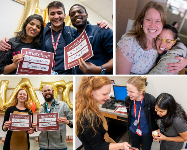 Top row, L-R: Drs. Chauhan and Glover with fellow PG-3 and future chief resident Mazen Almasry, MBBS (center); past chief residents Sarah Floden, MD, and Gabrielle Waclawik, MD, recalling the joy of matching and celebrating the future of their friends. Bottom row, L-R: Drs. Bier and Matthews; current chief residents Drs. Bier, Holbert and Burkey. Credit: Clint Thayer/Department of Medicine.