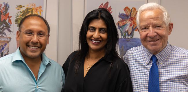 Dr. Anjon Audhya (left) and founding UW-CTRI Director Dr. Michael Fiore (right) greeting new UW-CTRI Director Dr. Hasmeena Kathuria (center) on her first official day in the office July 1.