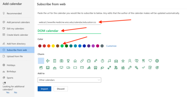 Outlook calendar import screenshot