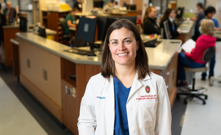 Jacqueline Kruser, MD, assistant professor, Allergy, Pulmonary and Critical Care Medicine, in the ICU. Credit: Clint Thayer/Department of Medicine.