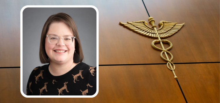 Inset photo of Dr. Noelle LoConte on a background with a gold caduceus. 