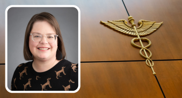 Inset photo of Dr. Noelle LoConte on a background with a gold caduceus. 