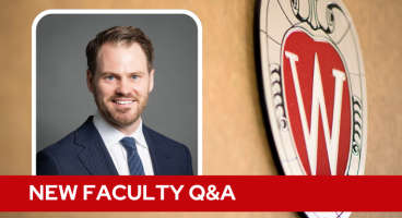 A professional headshot of Dr. Buchanan over a tan background with a Wisconsin crest, and white text on a red bar saying "New Faculty Q&A".