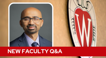A professional headshot of Dr. Contractor over a tan background with a Wisconsin crest, and white text on a red bar saying "New Faculty Q&A".