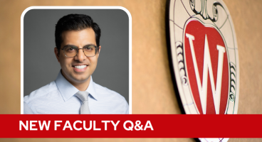 A professional headshot of Dr. Saleh over a tan background with a Wisconsin crest, and white text on a red bar saying "New Faculty Q&A".