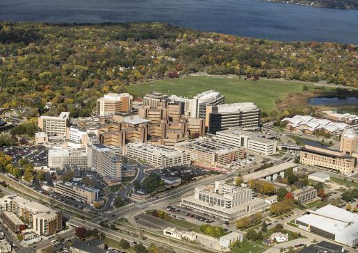Aerial photo of UW-Madison west campus, including UW Hospitals and Clinics