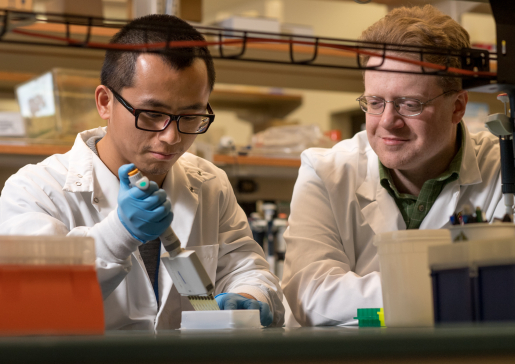 Dudley Lamming, PhD, in his lab with former graduate student Deyang Yu